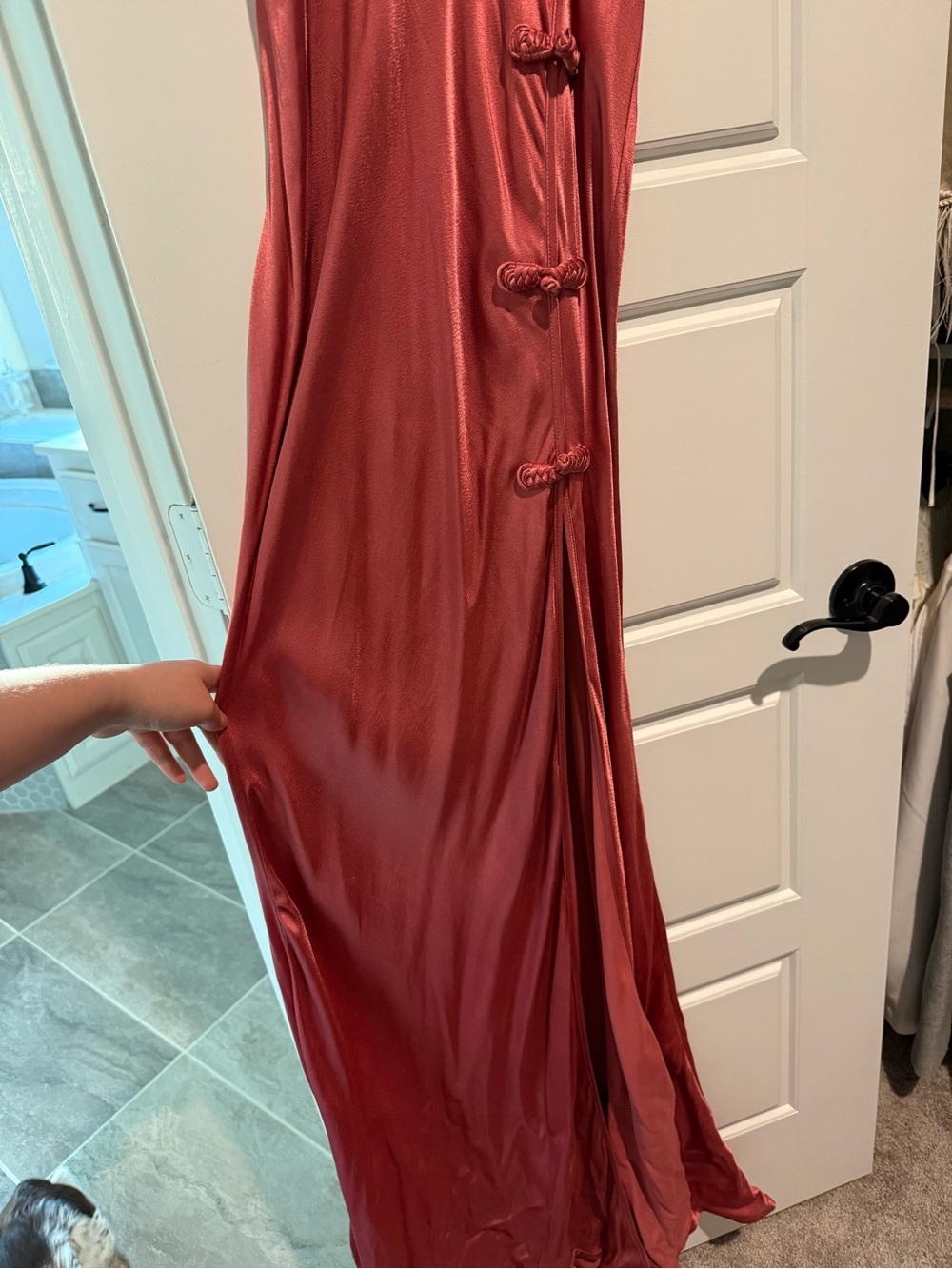 Satin High-Neck Rose Evening Gown with Side Slit - Picture 4 of 4
